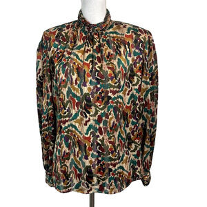 Vintage Notations Blouse sz 10 Orange Green Purple Career Shoulder Pads 90's Y2K